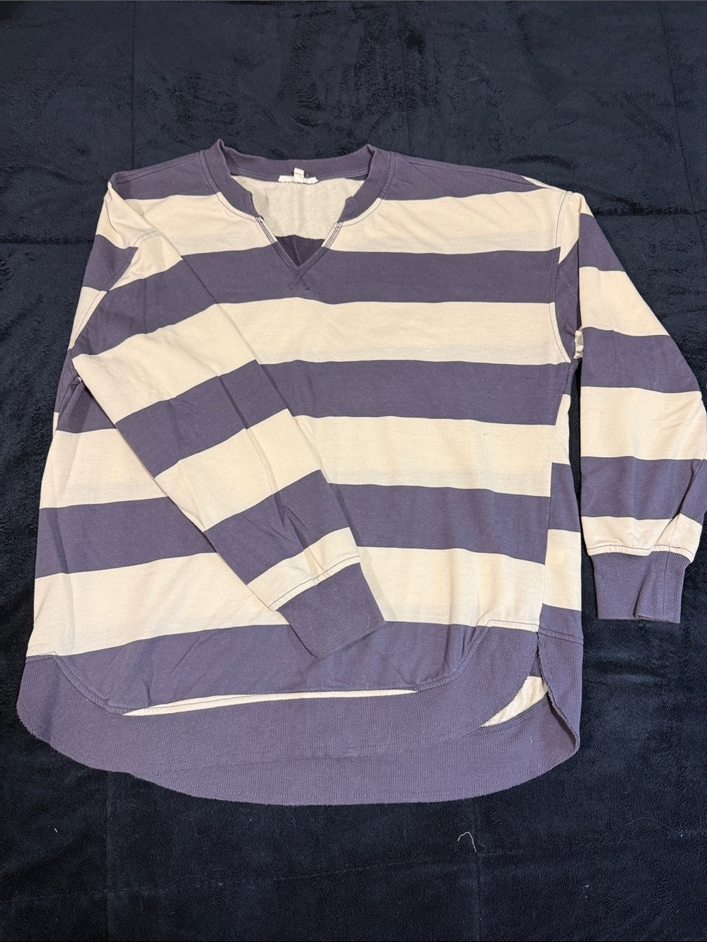 Maurices Cream & Purple Striped V-Neck Long Sleeve Top